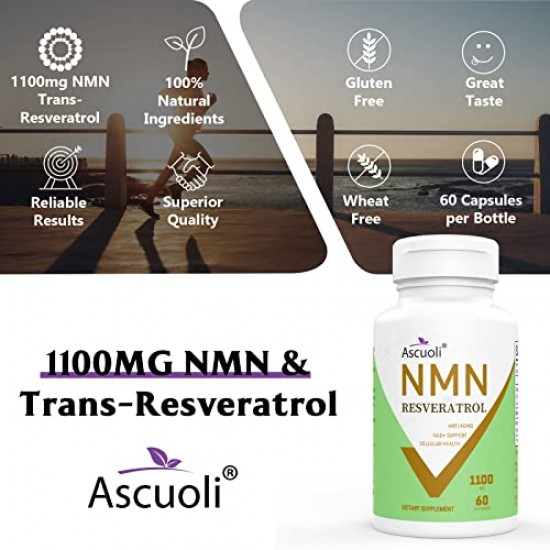 Ascuoli NMN + Trans-Resveratrol Supplement 1100mg (60 Capsules(Pack of 1))