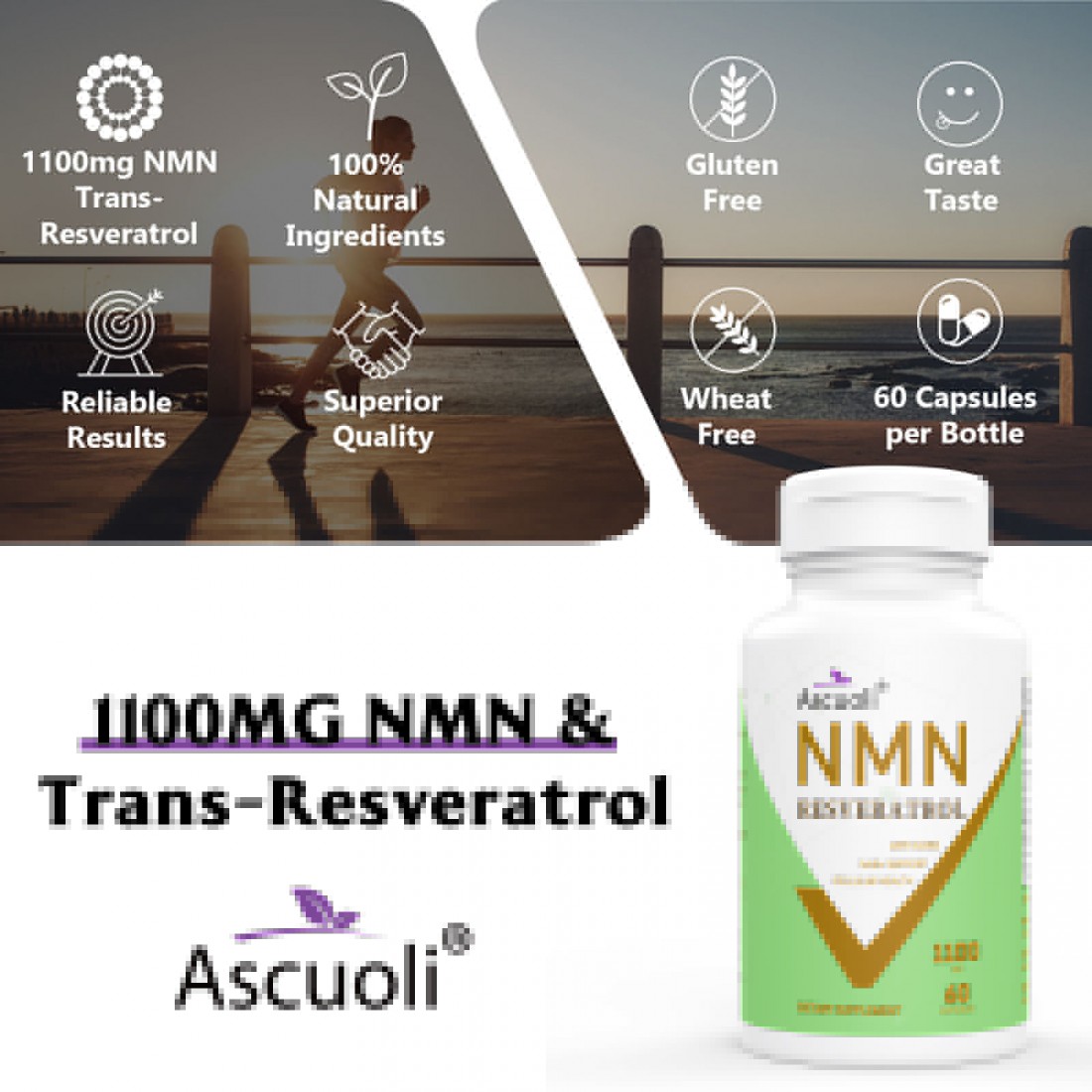 NMN + Trans-Resveratrol Supplement 1100mg (60 Capsules(Pack of 1))