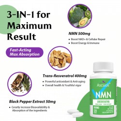 Ascuoli NMN 500mg + Trans-Resveratrol Supplement 900mg per bottles (120 Lozenges(Pack of 1))