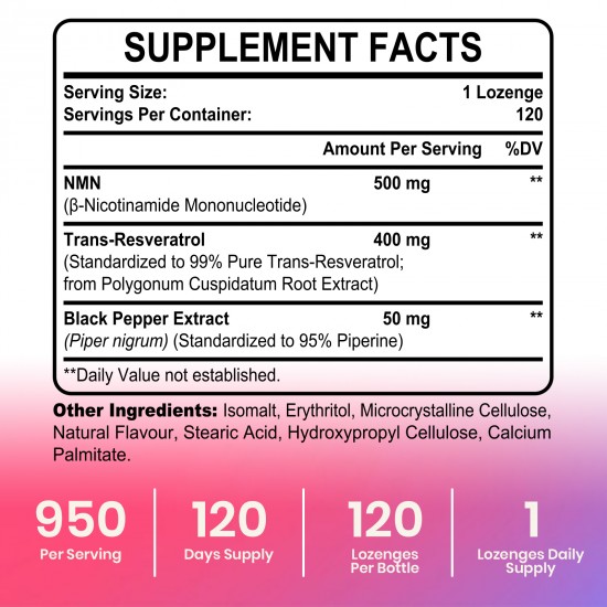 Freslees NMN 500mg + Trans-Resveratrol Supplement 950mg per bottles (120 Lozenges(Pack of 1))