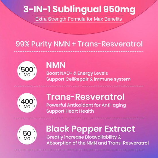 Freslees NMN 500mg + Trans-Resveratrol Supplement 950mg per bottles (120 Lozenges(Pack of 1))