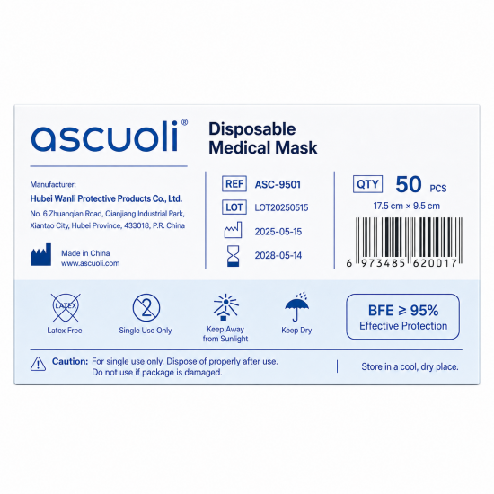 ascuoli Disposable Medical Face Masks, 50 PCS, 3-Layer Breathable Earloop Masks, BFE ≥95%, Non-Sterile Single Use Face Masks for Daily Protection, Light Blue