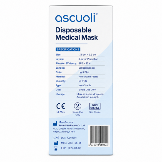ascuoli Disposable Medical Face Masks, 50 PCS, 3-Layer Breathable Earloop Masks, BFE ≥95%, Non-Sterile Single Use Face Masks for Daily Protection, Light Blue