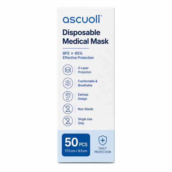 ascuoli Disposable Medical Face Masks, 50 PCS, 3-Layer Breathable Earloop Masks, BFE ≥95%, Non-Sterile Single Use Face Masks for Daily Protection, Light Blue
