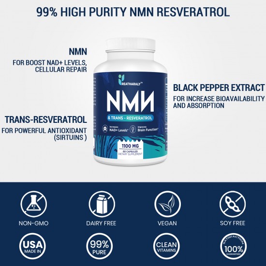 Reatharaly NMN + Trans-Resveratrol Supplement 1100mg per bottles (60 Count(Pack of 1))