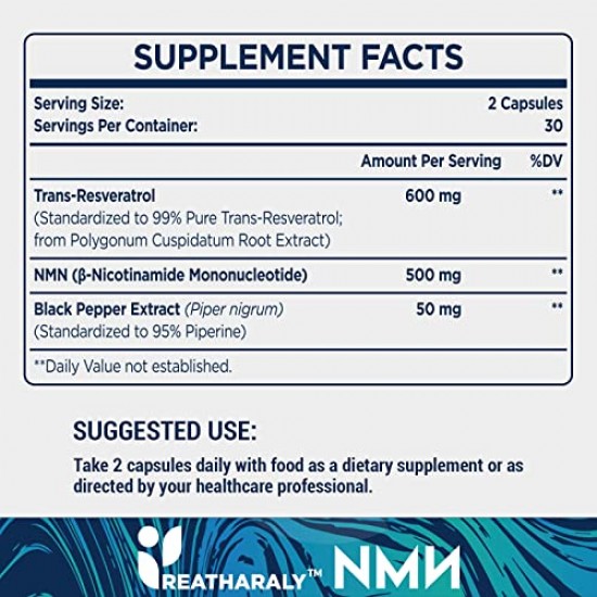 Reatharaly NMN + Trans-Resveratrol Supplement 1100mg per bottles (60 Count(Pack of 1))